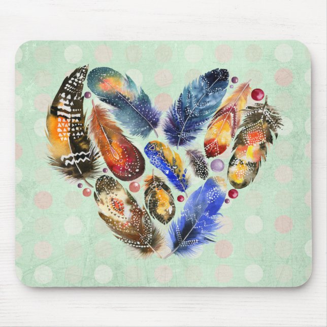 Tapis De Souris Plumes en forme de coeur Aquarelle Design (Devant)