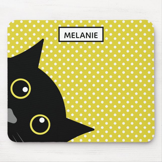Tapis De Souris Point de polka curieux de jaune de chat noir (Devant)