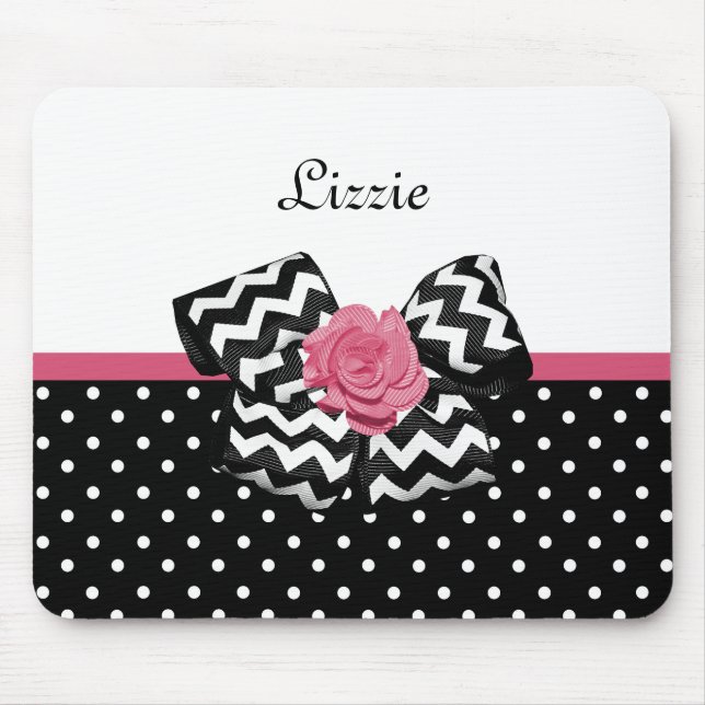 Tapis De Souris Points noirs mignons Rose rose Chevron Bow et nom (Devant)