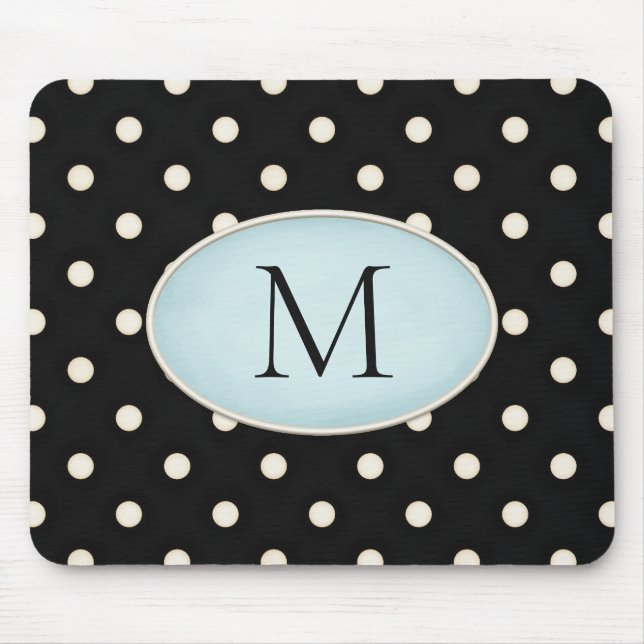 Tapis De Souris Pois ivoire noir et bleu pâle Monogramme (Devant)