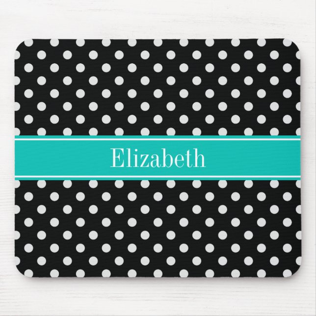 Tapis De Souris Pois noirs et blancs Nom Turquoise Monogramme (Devant)
