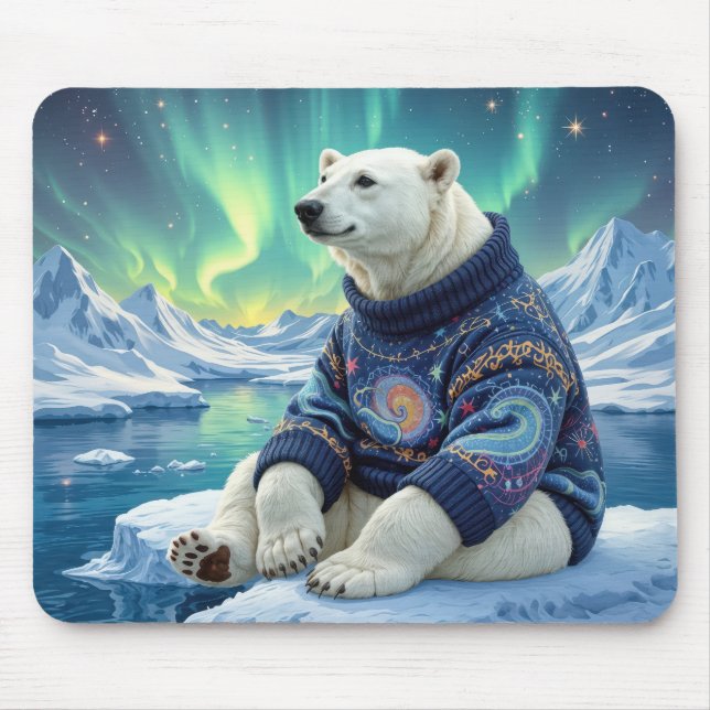 Tapis De Souris Polar Bear Sitting Under Northern Lights (Devant)