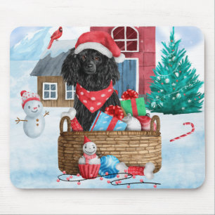 Tapis De Souris Poodle Chien dans la maison de Noël enneigée