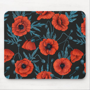 Tapis De Souris Poppies, rouge et bleu sur noir