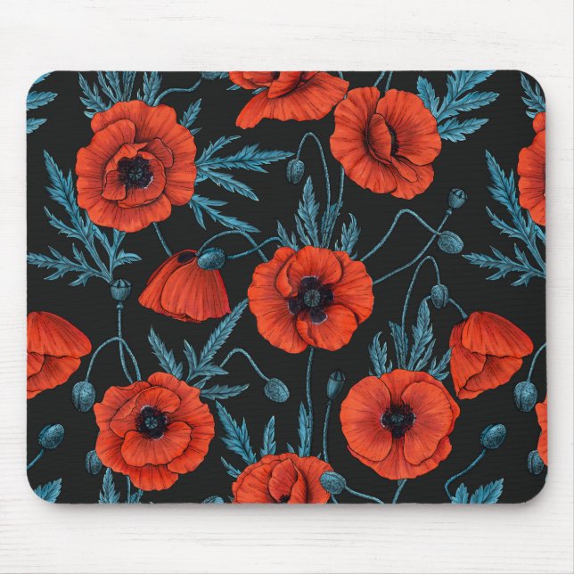Tapis De Souris Poppies, rouge et bleu sur noir (Devant)