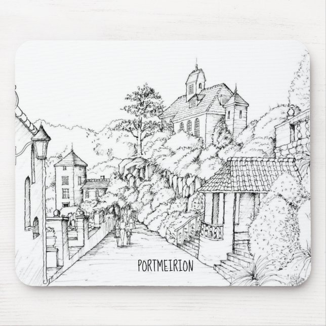 Tapis De Souris Portmeirion North Wales Pen and Ink Sketch (Devant)