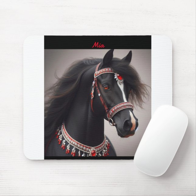 Tapis De Souris Portrait de cheval noir arabe (Avec souris)