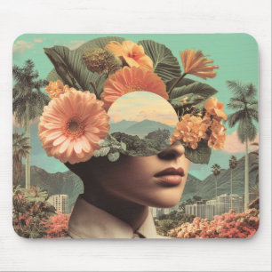 Tapis De Souris Portrait Féminin Surréaliste avec Éléments Floraux