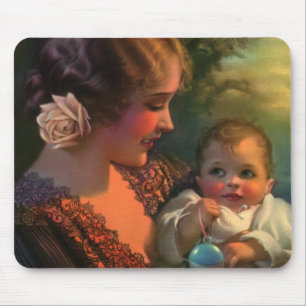 Tapis De Souris Portrait vintage de la fête des mères, maman et bé