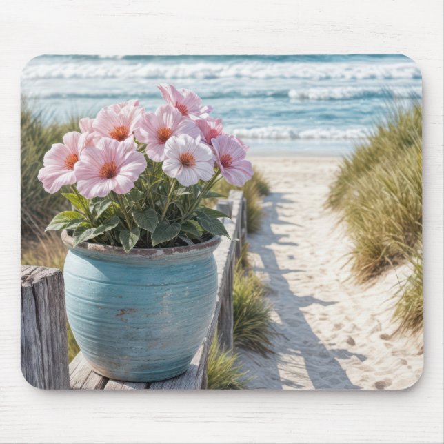 Tapis De Souris Pot De Plage Avec Pétunias Rose (Devant)