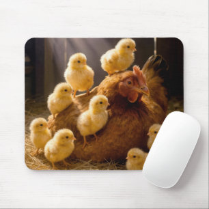 Tapis De Souris Poule mère avec poussins dans une grange