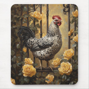 Tapis De Souris Poulet tacheté aux roses jaunes, peinture à l'huil