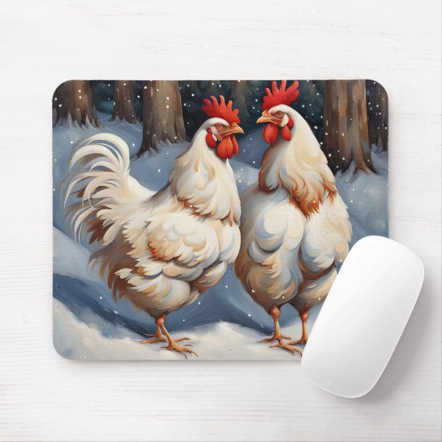Tapis De Souris Poulets blancs en neige (Avec souris)