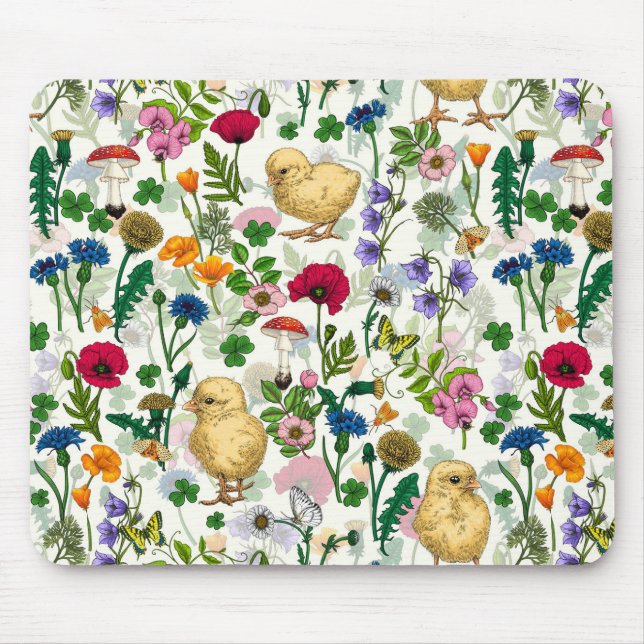 Tapis De Souris Poulets et fleurs sauvages sur blanc cassé (Devant)