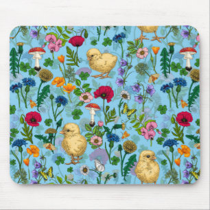 Tapis De Souris Poulets et fleurs sauvages sur le bleu bébé