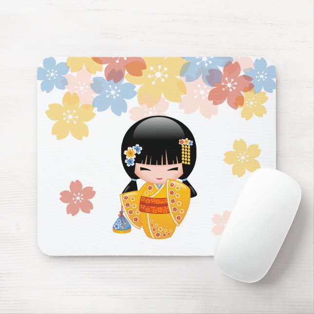Tapis De Souris Poupée d'été Kokeshi - Kimono Jaune Geisha Girl (Avec souris)