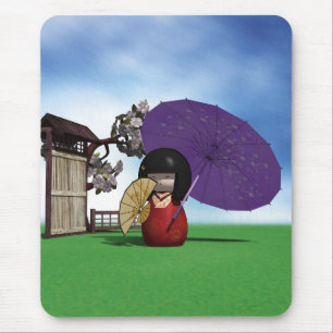 Tapis De Souris Poupée Kokeshi Japonaise Art Cerisier en Fleur