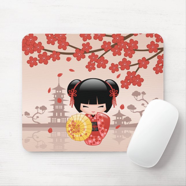 Tapis De Souris Poupée rouge Sakura Kokeshi - Geisha japonais (Avec souris)