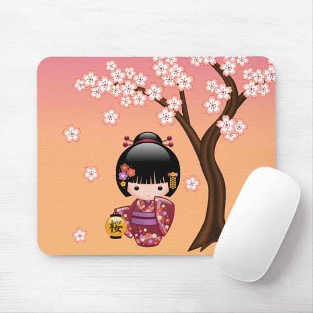 Tapis De Souris Poupée Sakura Kokeshi - Geisha Girl on Peach (Avec souris)