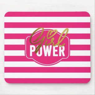 Tapis De Souris Pouvoir des filles - Pink-White & Gold Stripes Mou