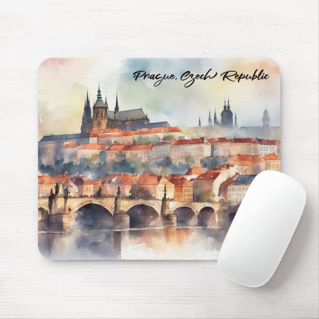 Tapis De Souris Prague République tchèque aquarelle Panorama (Avec souris)