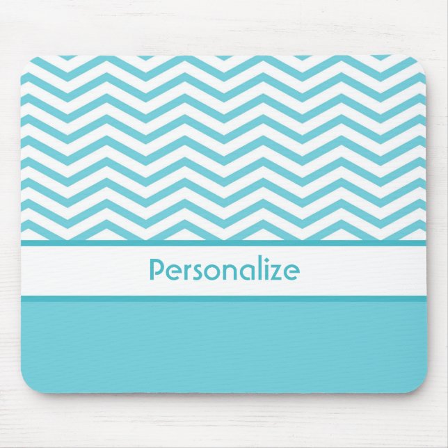 Tapis De Souris Préppy Aqua Chevrons Bleus et Blancs avec nom (Devant)
