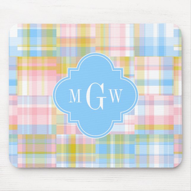 Tapis De Souris Preppy Patchwork Madras Pastel Quatrefoil Initials (Devant)