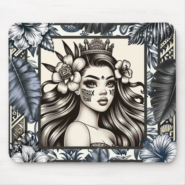 Tapis De Souris Princesse polynésienne Bleu Floral Tribal (Devant)