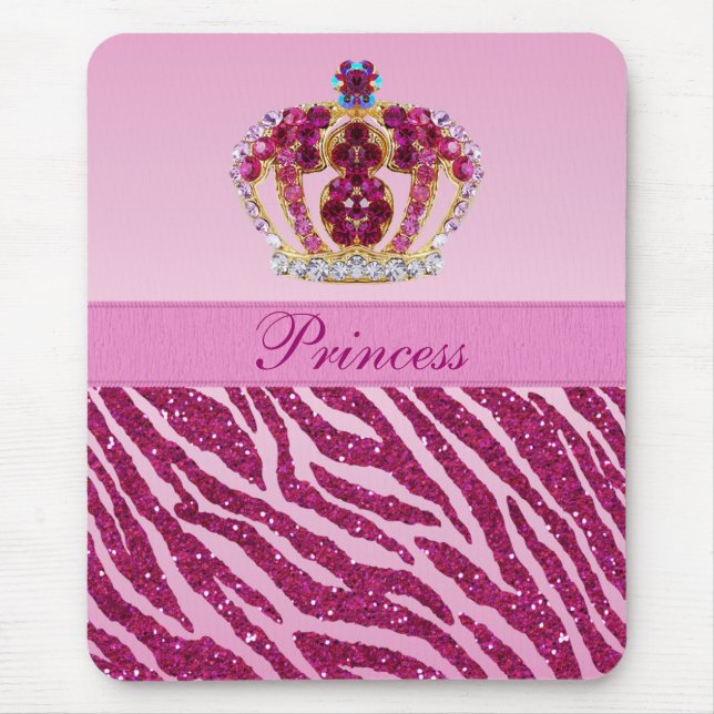 Tapis De Souris Princesse rose Crown Zebra Glitter Print Mousepad (Devant)