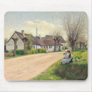 Tapis De Souris Printemps dans le village avec les filles sur le b
