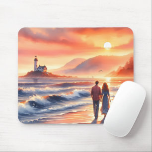 Tapis De Souris Promenade au phare du coucher de soleil côtier rom