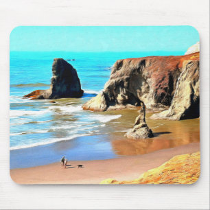 Tapis De Souris Promenade sur la plage avec un chien à Face Rock P