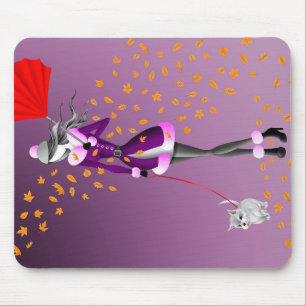 Tapis De Souris Promeneur de chien Feuilles d'automne Violet