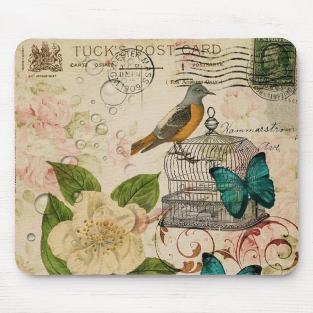 Tapis De Souris provincial français d'oiseau botanique minable (Devant)