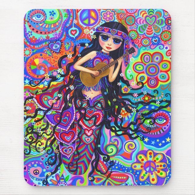 Tapis De Souris Psychédélique Hippie Mermaid Girl Jouant de la gui (Devant)