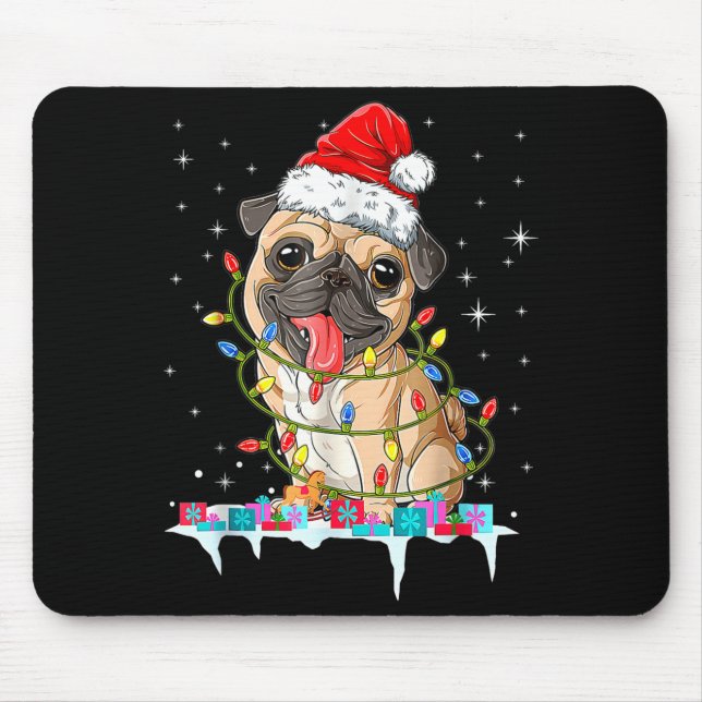 Tapis De Souris Pug Christmas Tree Lights Santa Dog Xmas  (Devant)