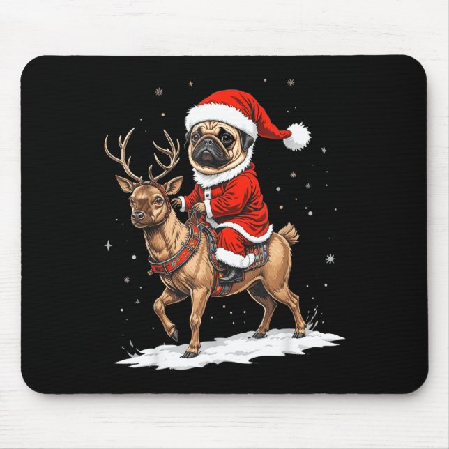 Tapis De Souris Pug Santa Riding Reindeer Christmas Holiday Puppy  (Devant)