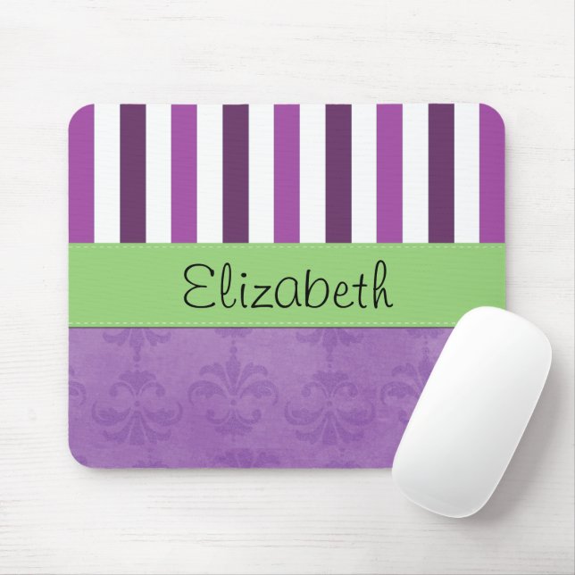 Tapis De Souris Purple Damask, Purple Stripes, Stripe, Votre Nom (Avec souris)