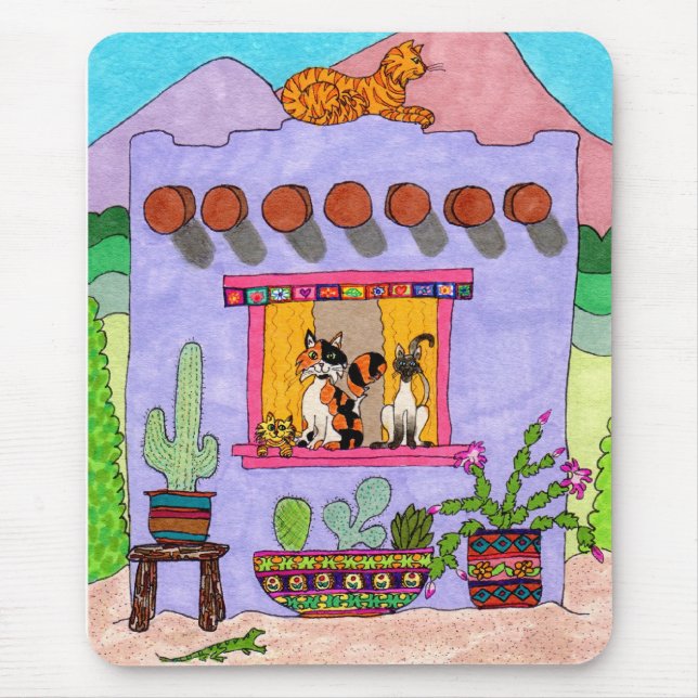 Tapis De Souris Quatre chats dans une maison violette Adobe House (Devant)