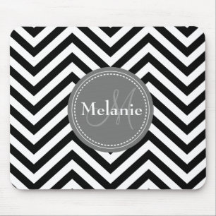 Tapis De Souris Quatrefoil gris blanc noir monogramme Chevron