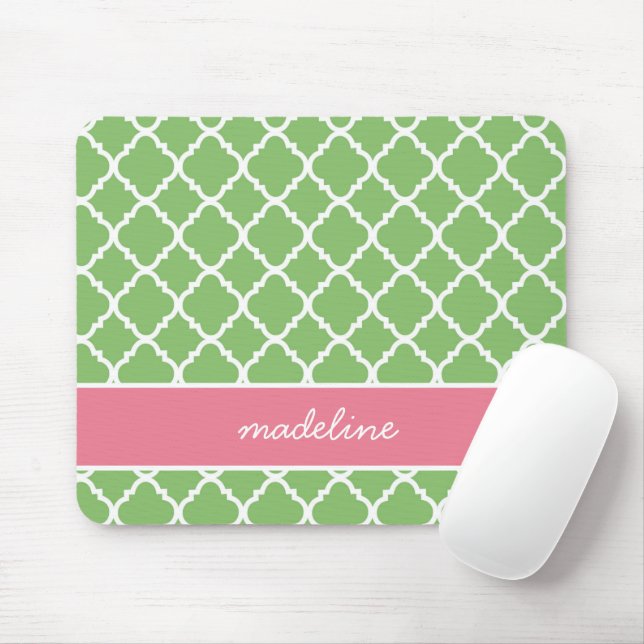 Tapis De Souris Quatrefoil vert | Preppy rose et verte (Avec souris)