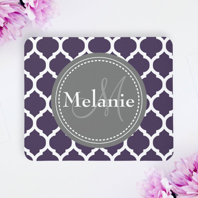 Tapis De Souris Quatrefoil violet et gris monogramme (Créateur téléchargé)