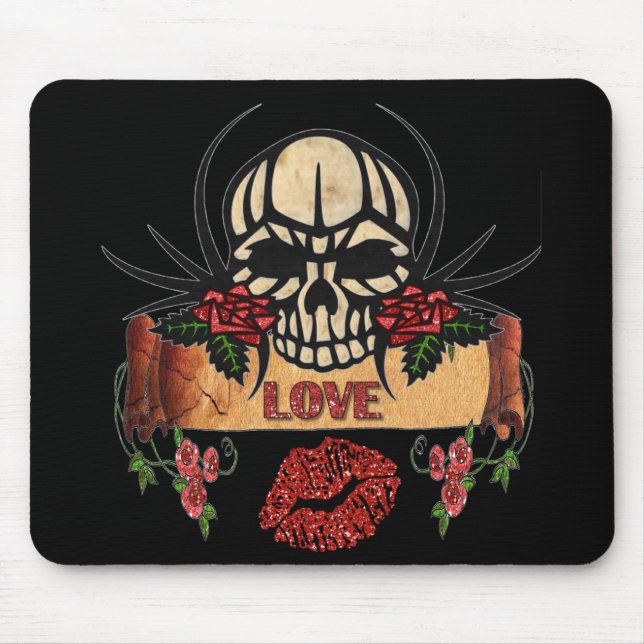 Tapis De Souris RAB Rockabilly Crâne Roses Love Lipstick (Devant)