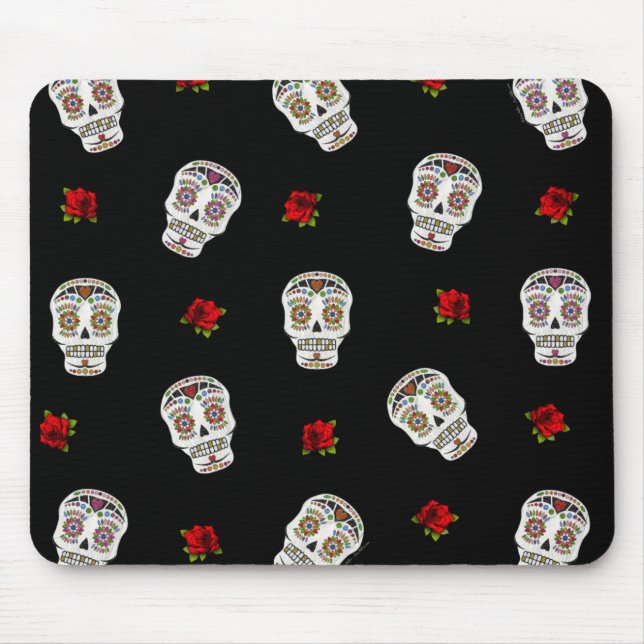 Tapis De Souris RAB Rockabilly Sugar Skulls Roses On Black (Devant)