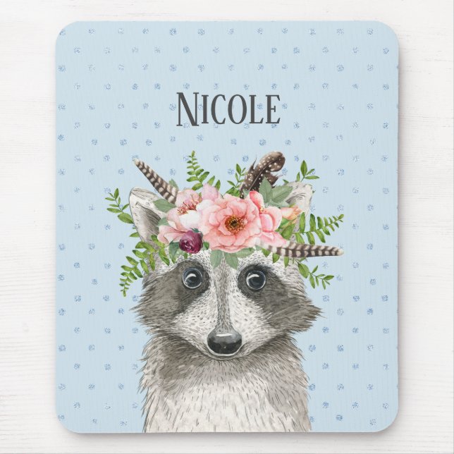 Tapis De Souris Raccoon Boho mignon avec couronne et nom floraux (Devant)