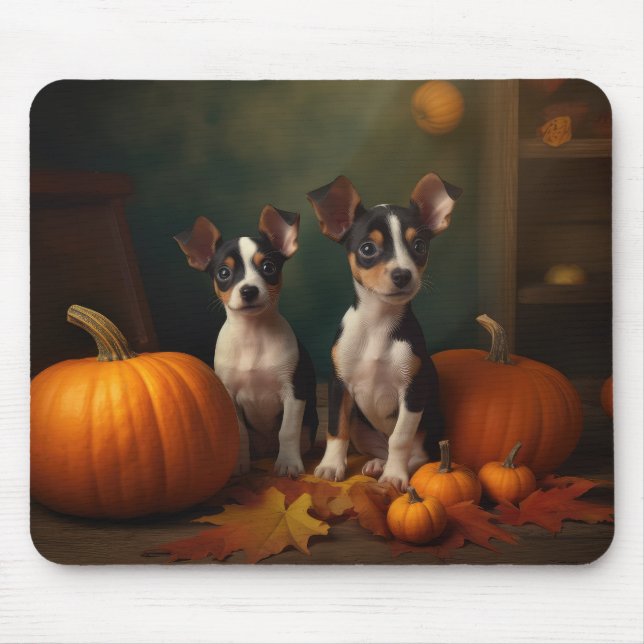 Tapis De Souris Rat Terrier Chiot Automne Citrouille délice (Devant)