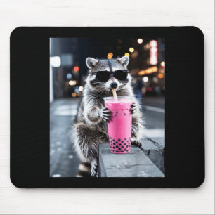 Tapis De Souris Raton laveur buvant du thé rose glacé boba mème dr