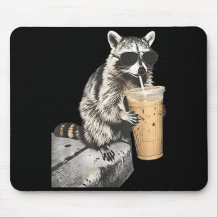 Tapis De Souris Raton laveur drôle buvant du café glacé mème anima