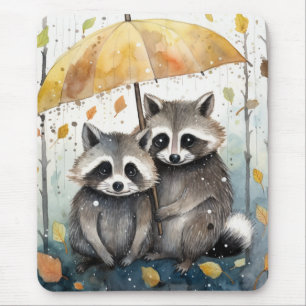 Tapis De Souris Raton laveurs mignons sous la pluie