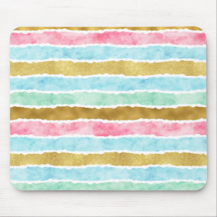 Tapis De Souris Rayures chics d'aquarelle d'or